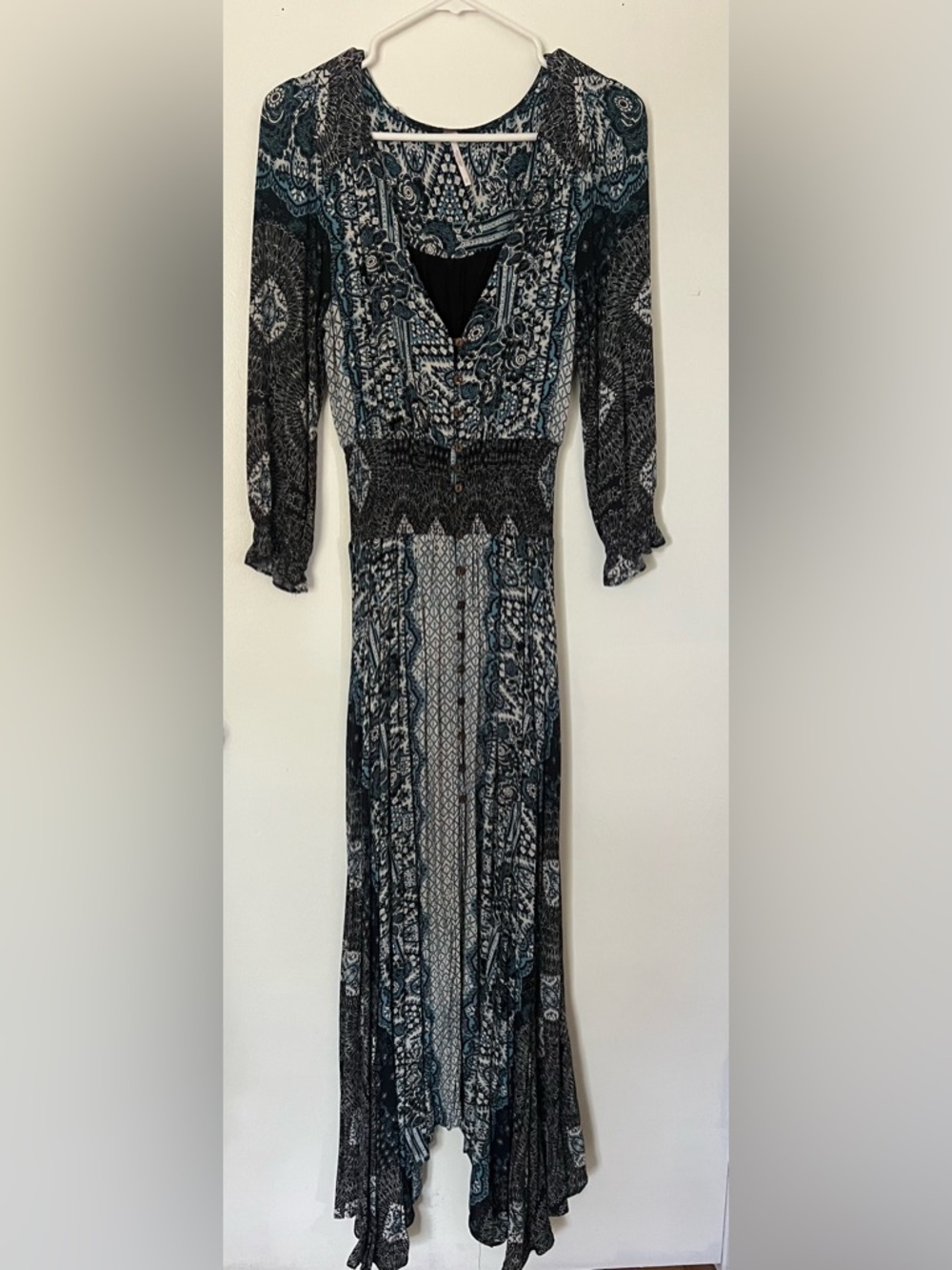 Free People - Smocked-Waist Black and Blue Printed Maxi Dress, Size S